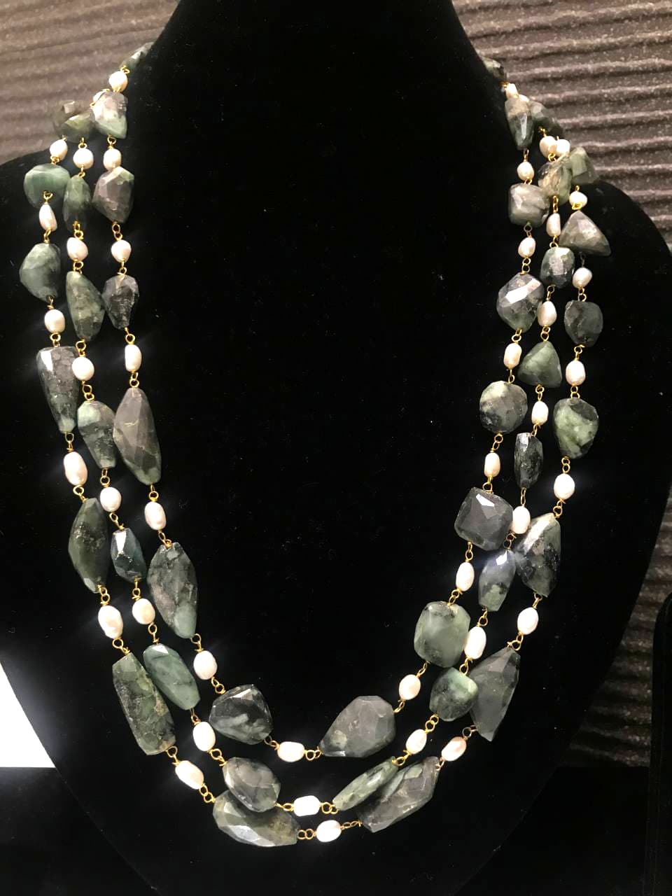White Pearls with Green Emeralds 3 Layers  Mala